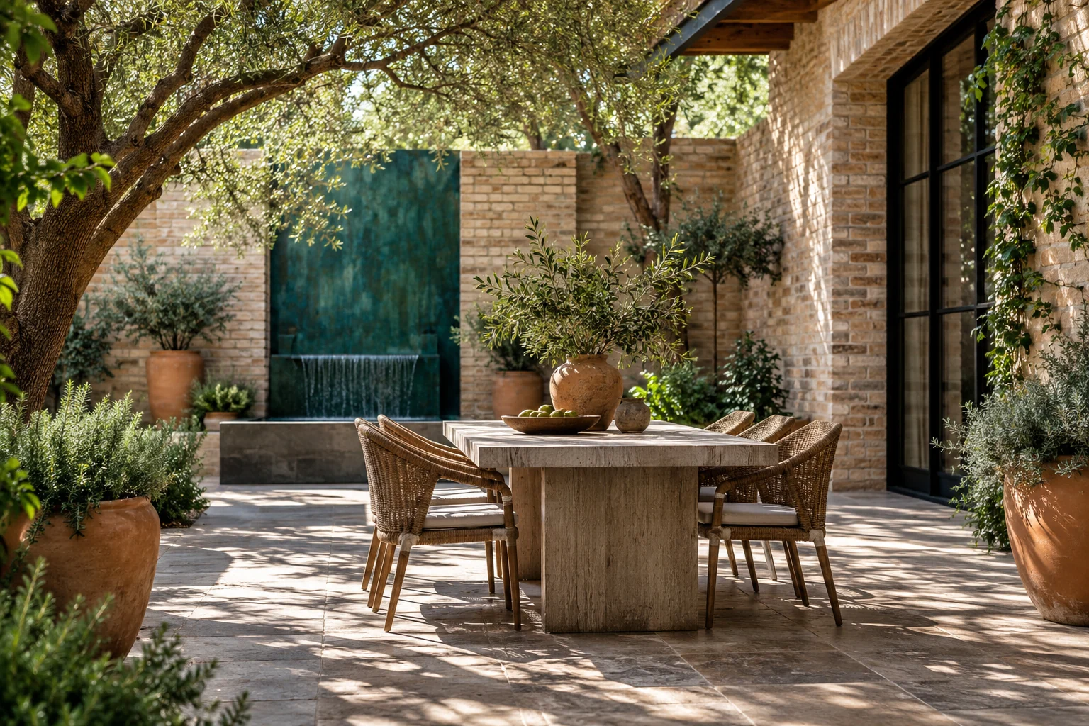 AI-created editorial illustration: A shaded courtyard patio with restrained brickwork, terracotta planting and a beautifully simple dining table.